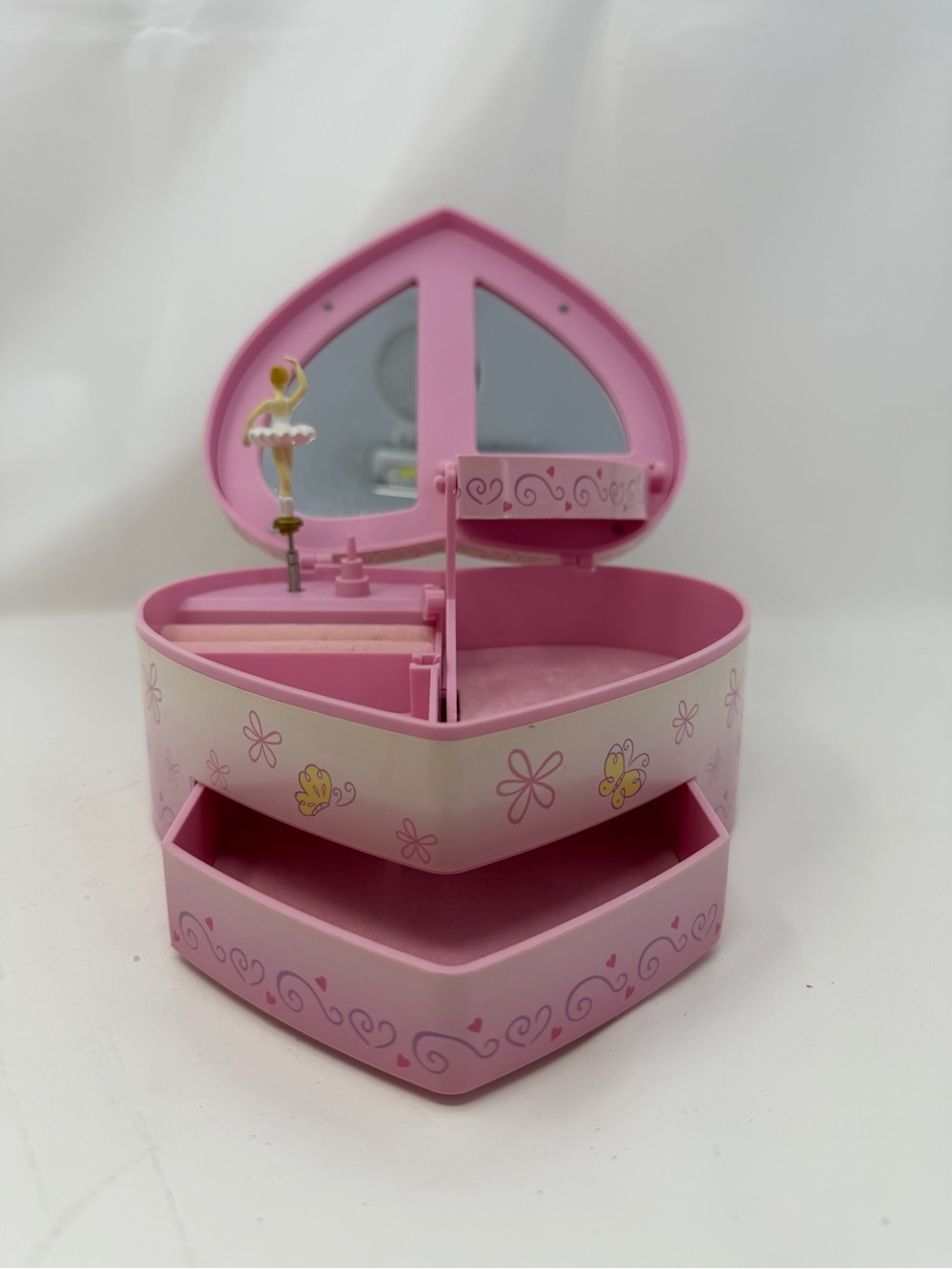 Vintage MELE Pink Heart Child Prima Ballerina Musical Jewelry Box Mirror Drawer